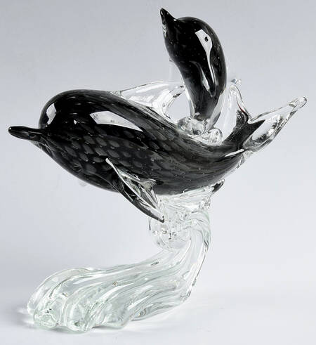 Murano Figurines Dolphin With Baby On Its Back-Black  - No Box