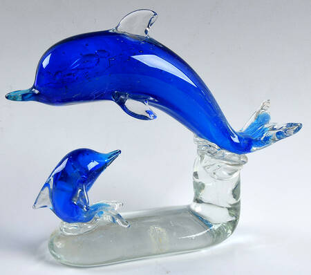 Murano Figurines Dolphin Mother And Baby-Blue - No Box