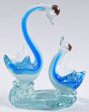 Murano Figurines Swans-Mother And Baby, Blue - No Box