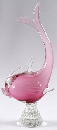 Murano Figurines Dolphin-Tail Up Pink,Clear Base - Nb680, No Box