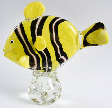 Murano Figurines Fish-Yellow,Brown Stripe,Clear Base - Nb675, No Box