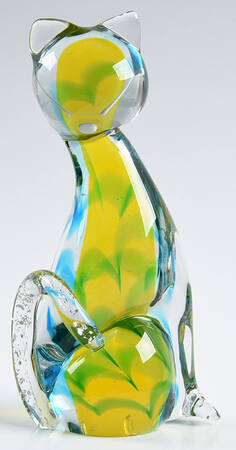 Murano Figurines Cat-Blue & Yellow Swirls - Nb661, No Box