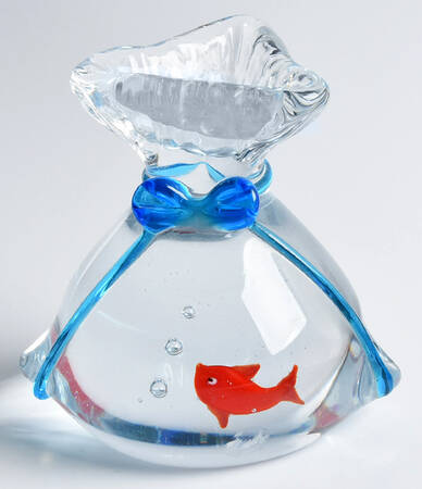Murano Figurines Goldfish In Bag,Blue Bow - Nb658, No Box