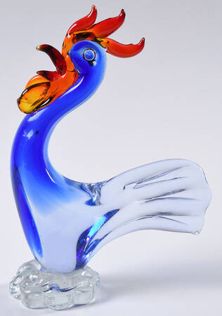 Murano Figurines Rooster-Blue & Red,Clear Base - Nb707, No Box