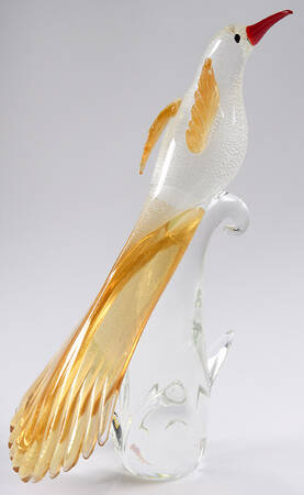 Murano Figurines Bird-Long Tail,Gold,White;Clear Base - Nb754, No Box