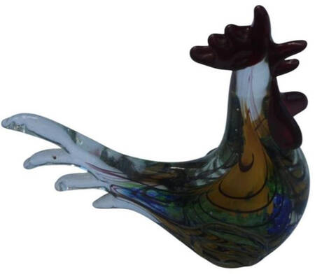 Murano Figurines Rooster-Yllw,Blue,Green,Stripe - Nb785, No Box