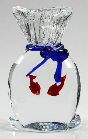 Murano Figurines Fish In Bag-2 Fish-Dark Blue Tie Paperwe - No Box