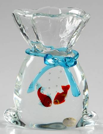 Murano Figurines Fish In Bag-2 Fish-Light Blue Tie-Paperw - No Box