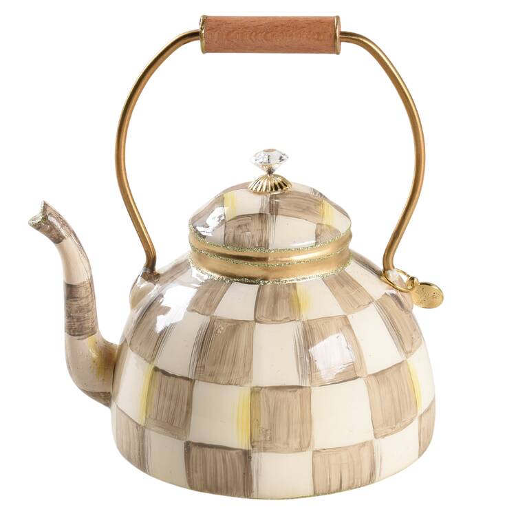 Courtly Christmas Ornaments Mocha Check Tea Kettle - Boxed