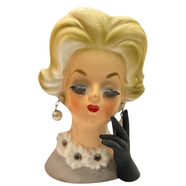 Napco Head Vases Lady Black Glove, Flwr On Gray - No Box
