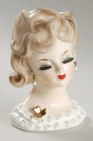 Napco Head Vases Brunette Lady W/ Gold Flower - No Box