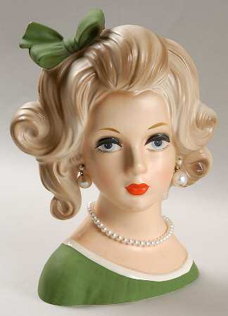 Napco Head Vases Grn Bow And Grn Dress Wht Trm - No Box