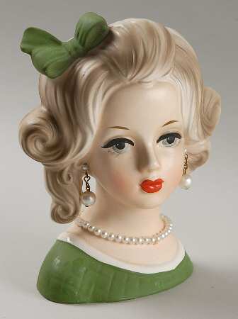 Napco Head Vases Grn Bow And Grn Dress Wht Trm - No Box