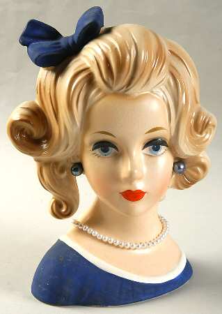 Napco Head Vases Blu Bow & Dress Wht Trm - No Box 42