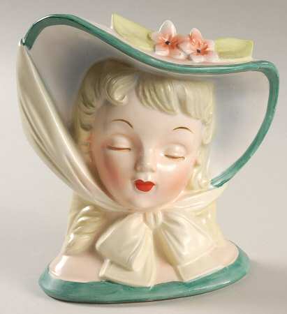 Napco Head Vases Lady Lg Hat/Ylw Bow/Grn Dress - No Box