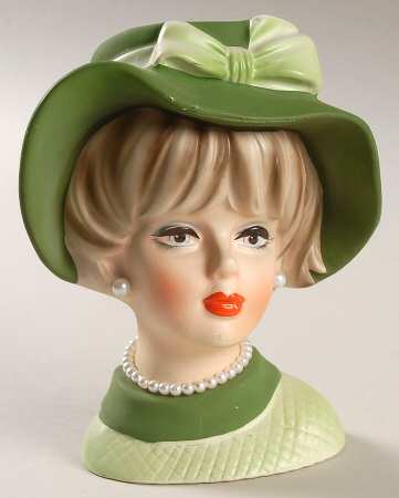 Napco Head Vases Lady Grn Hat/Dress Pearls - No Box