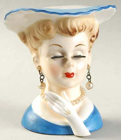 Napco Head Vases Blonde Updo Hnd Up/Blu Dress - No Box