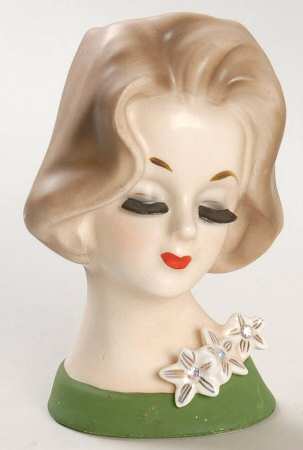 Napco Head Vases Lady Grn Dress 3 Star Flowers - No Box