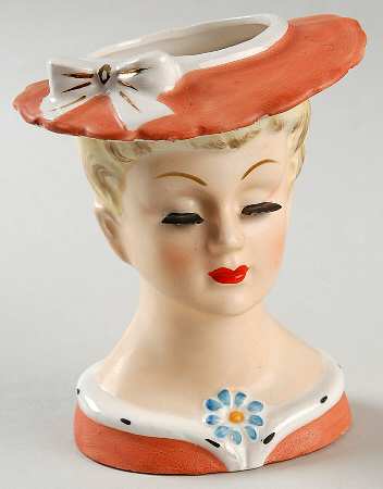 Napco Head Vases Lady Clsd Eyes Coral Hat&Drs - No Box
