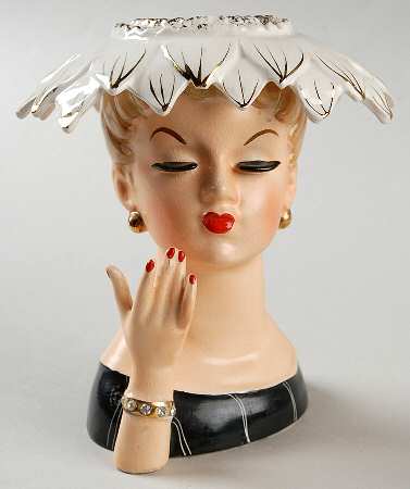 Napco Head Vases Lady Wht Fthr Style Hat Blk Dr - No Box