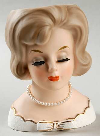 Napco Head Vases Lady Clsd Eyes Wht Drs W/Bow - No Box
