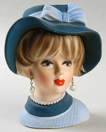 Napco Head Vases Lady Blue Dress/Hat W/Bow - No Box