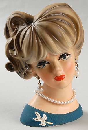 Napco Head Vases Lady Blu Dress Leaf Pin Pearls - No Box