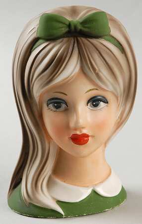 Napco Head Vases Teen Grn Bow & Dress Wht Colla - No Box