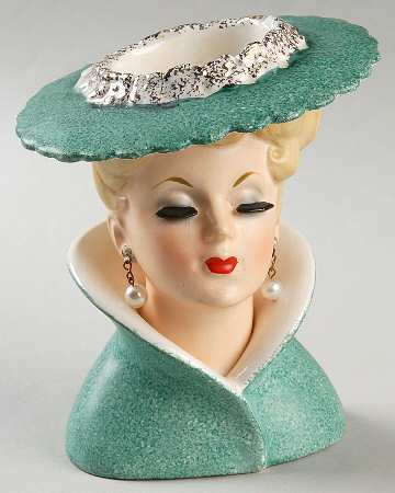 Napco Head Vases Lady/Aqua Hat/Drs Pearl Earrin - No Box