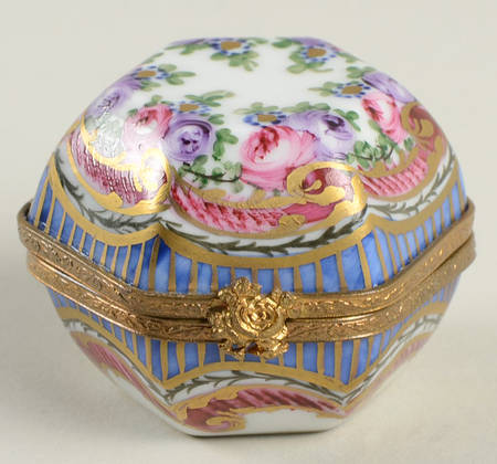 PEINT MAIN LIMOGES BOX Floral Box With Blue And Gold Stipes - Nb658, No Box