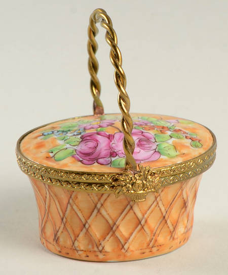 PEINT MAIN LIMOGES BOX Floral Brown Basket With Handle - Nb657, No Box
