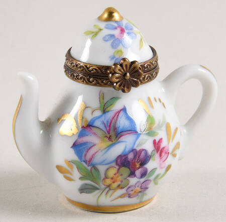 PEINT MAIN LIMOGES BOX Teapot - Blue Flowers - Nb772, No Box