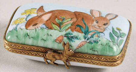 PEINT MAIN LIMOGES BOX Two Rabbits Eating And Resting - Nb790, No Box