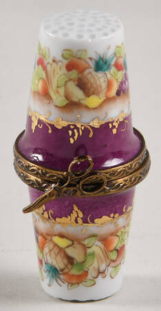 PEINT MAIN LIMOGES BOX Double Thimble-Burgundy & Floral - Nb827, No Box