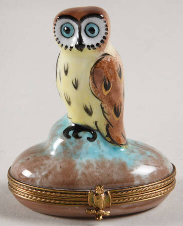 PEINT MAIN LIMOGES BOX Owl On  Aqua & Brown Base - Nb824, No Box