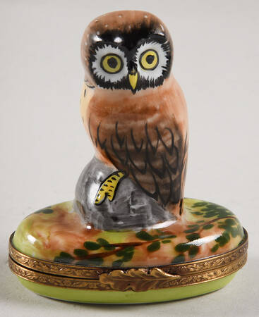 PEINT MAIN LIMOGES BOX Owl On Leafy Green,Brown Base - Nb823, No Box