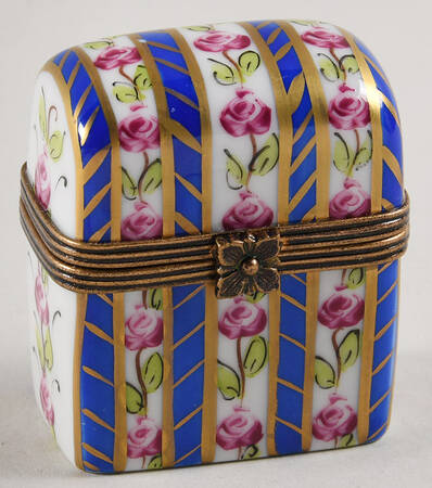 PEINT MAIN LIMOGES BOX Chest & 2 Flacons-Pink Flowers,Blue Strp - Nb821, No Box