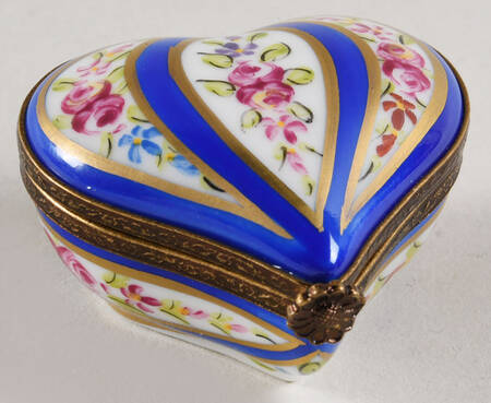 PEINT MAIN LIMOGES BOX Heart-Pink Flowers,Blue & Gold Stripes - Nb820, No Box