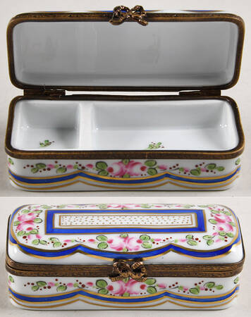 PEINT MAIN LIMOGES BOX Pink Flowers,Blue & Gold Swags - Nb818, No Box