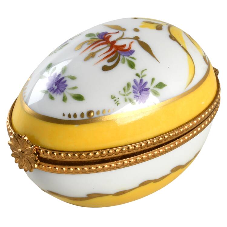 PEINT MAIN LIMOGES BOX Egg-Yellow Band, Purple Floral - Nb862, No Box