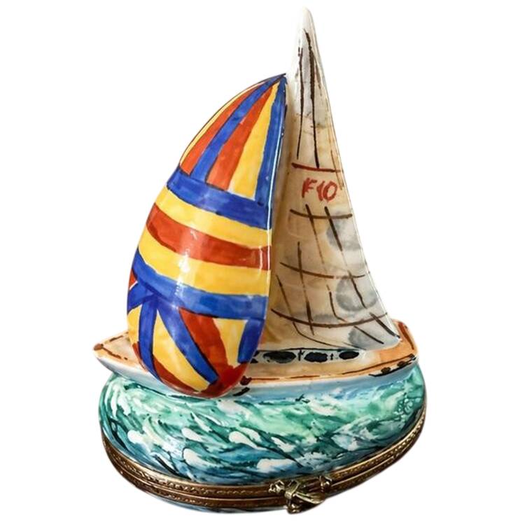 PEINT MAIN LIMOGES BOX Sailboat-Red,Yellow,Blue - No Box