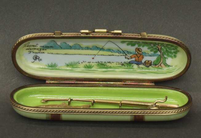 PEINT MAIN LIMOGES BOX Fishing Box With Pole - No Box