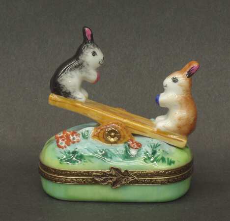 PEINT MAIN LIMOGES BOX Rabbits On See Saw - Boxed