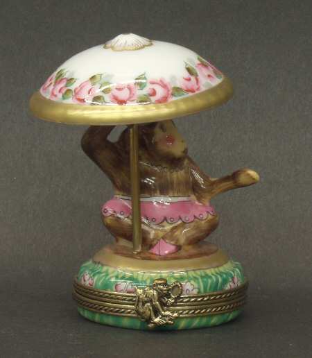 PEINT MAIN LIMOGES BOX Monkey With Umbrella - Boxed