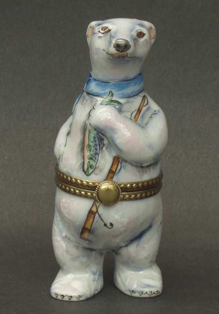 PEINT MAIN LIMOGES BOX Polar Bear W/ Fish - Boxed