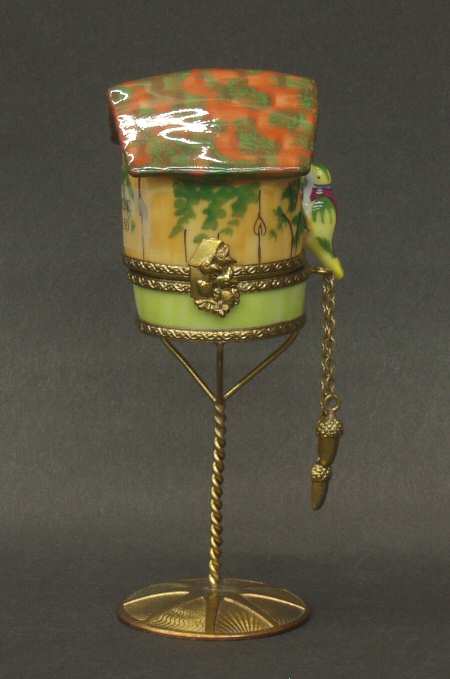 PEINT MAIN LIMOGES BOX Birdhouse On Stand-Orange - With Box
