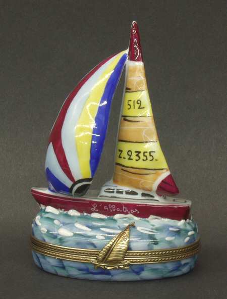 PEINT MAIN LIMOGES BOX Sailboat-Red,White,Yellow,Blue - Wtih Box