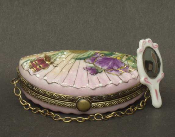 PEINT MAIN LIMOGES BOX Fan Shape Pink W/Mirror - With Box