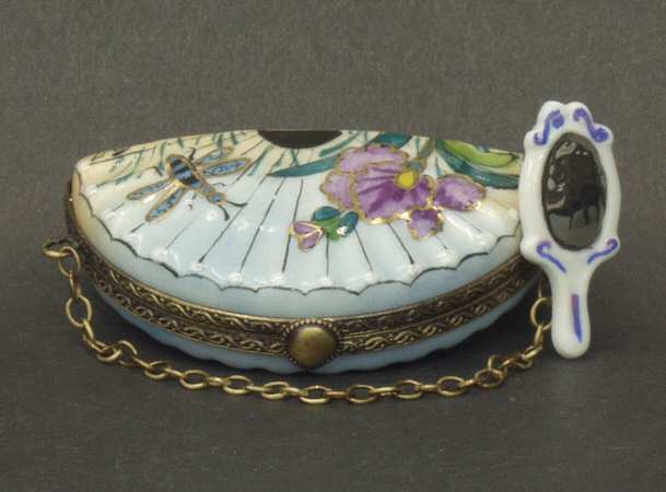 PEINT MAIN LIMOGES BOX Fan Shape Blue W/ Mirror - Boxed
