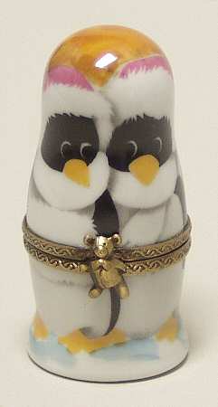 PEINT MAIN LIMOGES BOX Penguins W/Fur Hat - No Box
